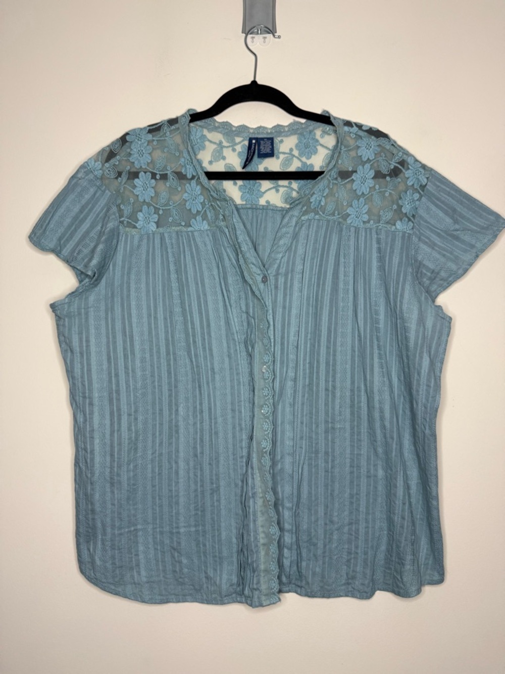 ARCHITECT WOMAN Blue Floral Mesh Yoke Boho Pintuck Cotton Prairie Blouse Top